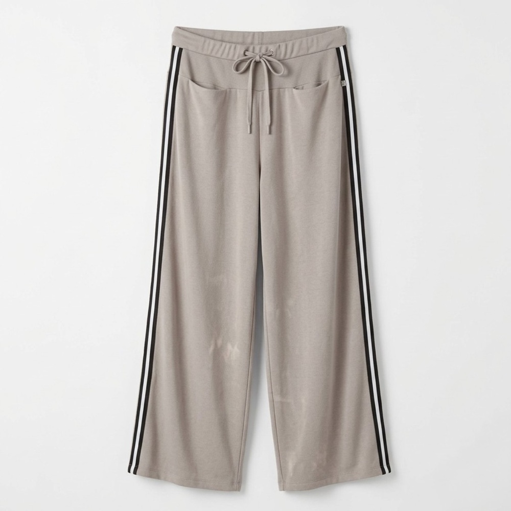 AS-IS Max Studio Performance Wide Leg Lounge Pants Grey Athletic Stripes Large